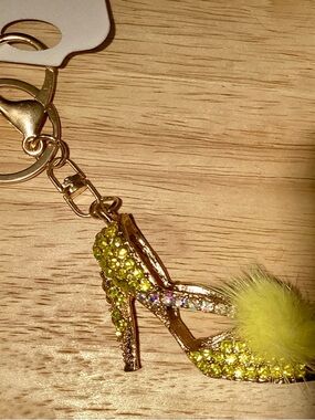 Rhinestone Yellow Fur Pom High Heel Keychain or Bag Charm